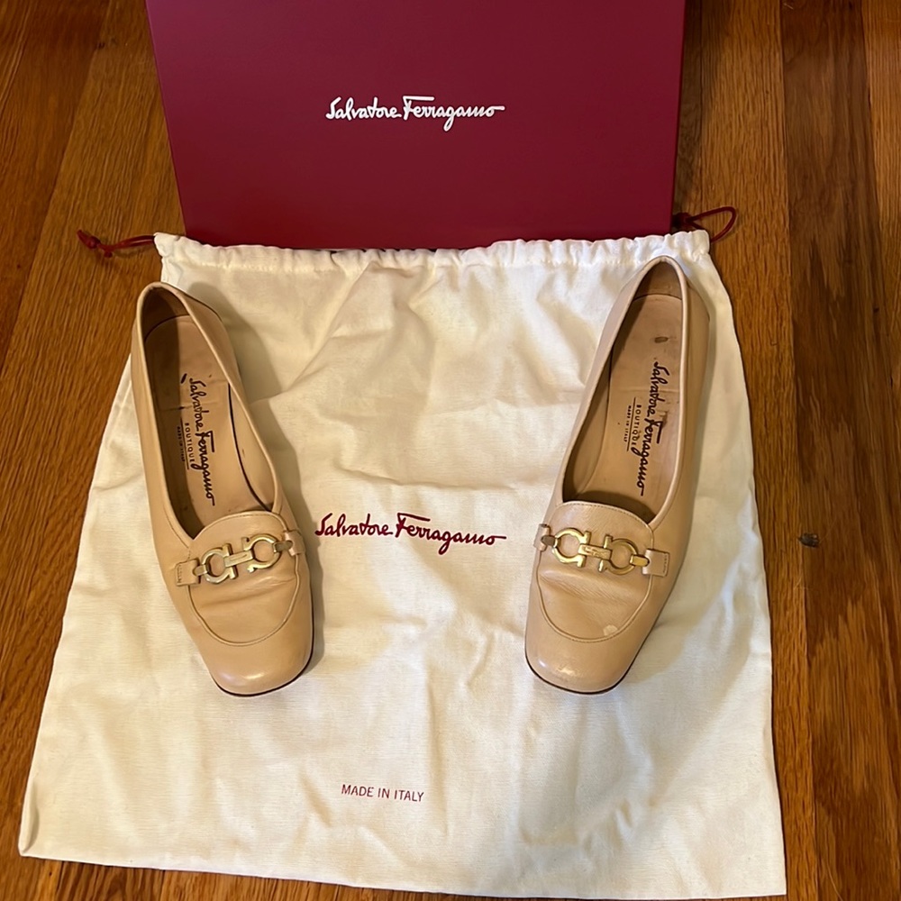 Vintage Salvatore Ferragamo Leather Block Heels with Canvas Bag and Box